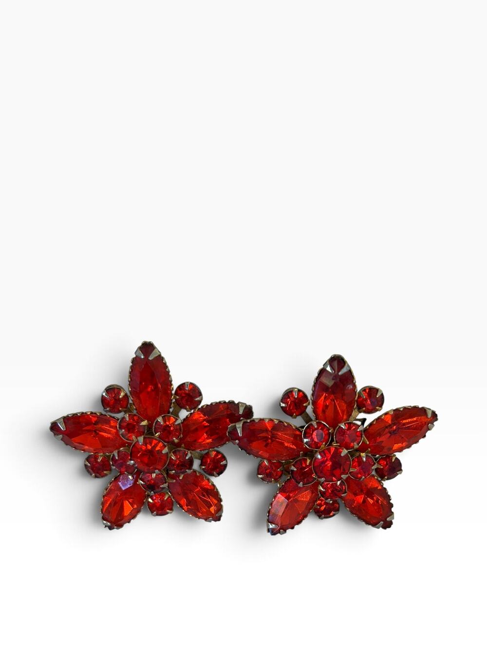 Vtg Judy Lee Fire Red Rhinestone Cluster Clip-On Earrings 1950s Marquis
